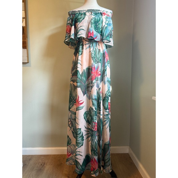 Show Me Your Mumu Hacienda Maxi Dress Off Shoulder Tropical Floral boho Large gr - Picture 5 of 8